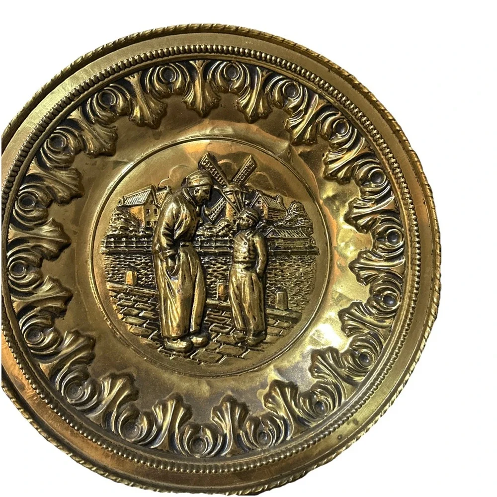 Vintage European Brass Wall Plates – Matched Pair Dutch  Scenes 12
